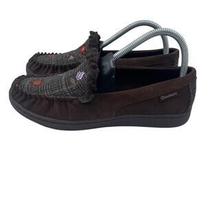 Skechers Leather Faux Fur Lined Chocolate Brown House Slippers Driving Women 8.5